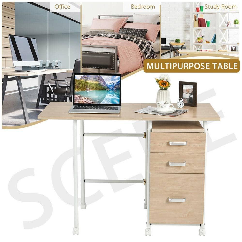 Gymax Folding Computer Laptop Desk Wheeled Home Office Furniture With 3 Drawers