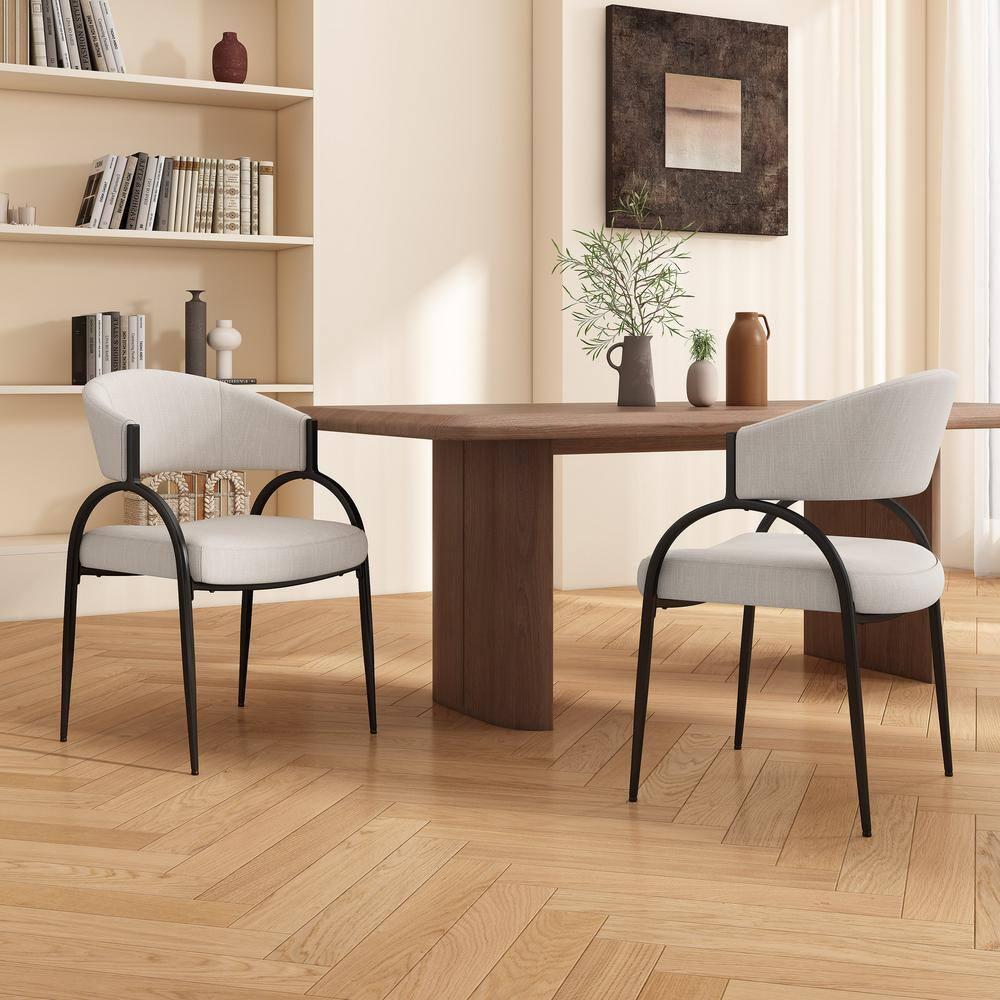 Christopher Knight Home Hayden Upholstered Armrest Dining Chairs with Metal Legs (Set of 2), Beige/Black
