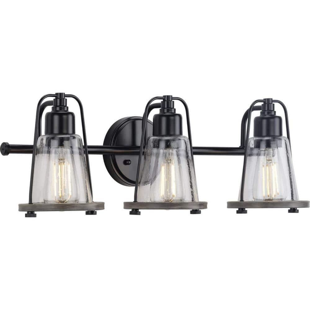 Progress Lighting Conway 3-Light Bath Vanity Light, Steel, Matte Black, Clear Seeded Glass Shade