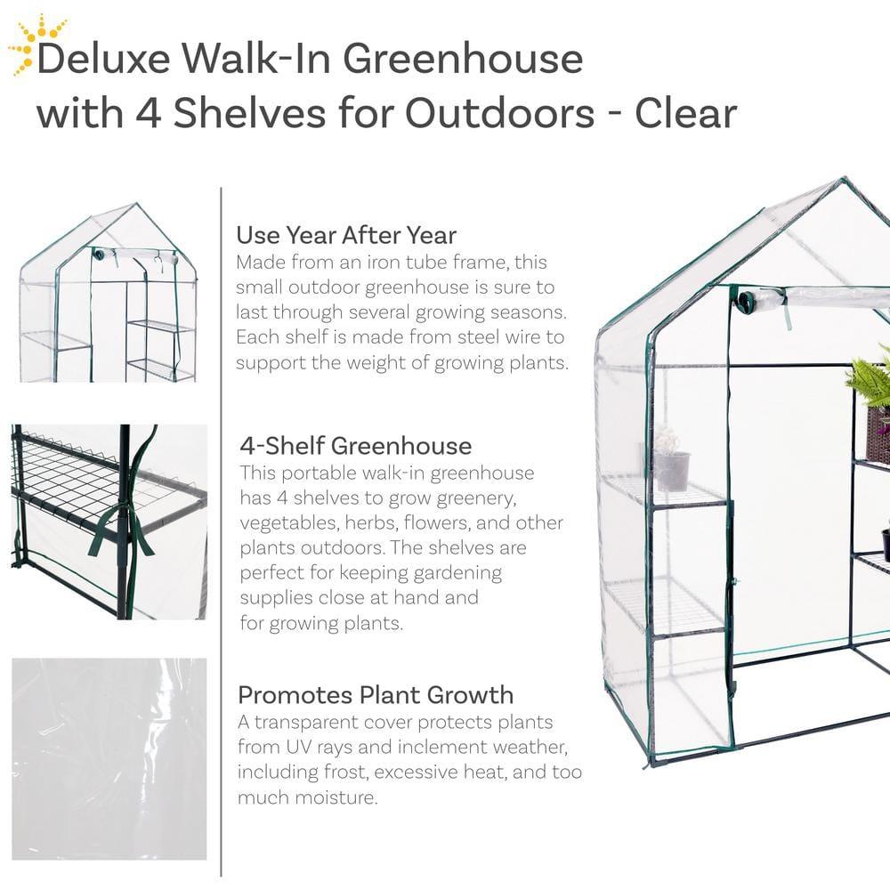 Sunnydaze Outdoor Portable Tiered Growing Rack Deluxe Walk-In Greenhouse with Roll-Up Door - 4 Shelves - Clear - 54" x 28" x 77"