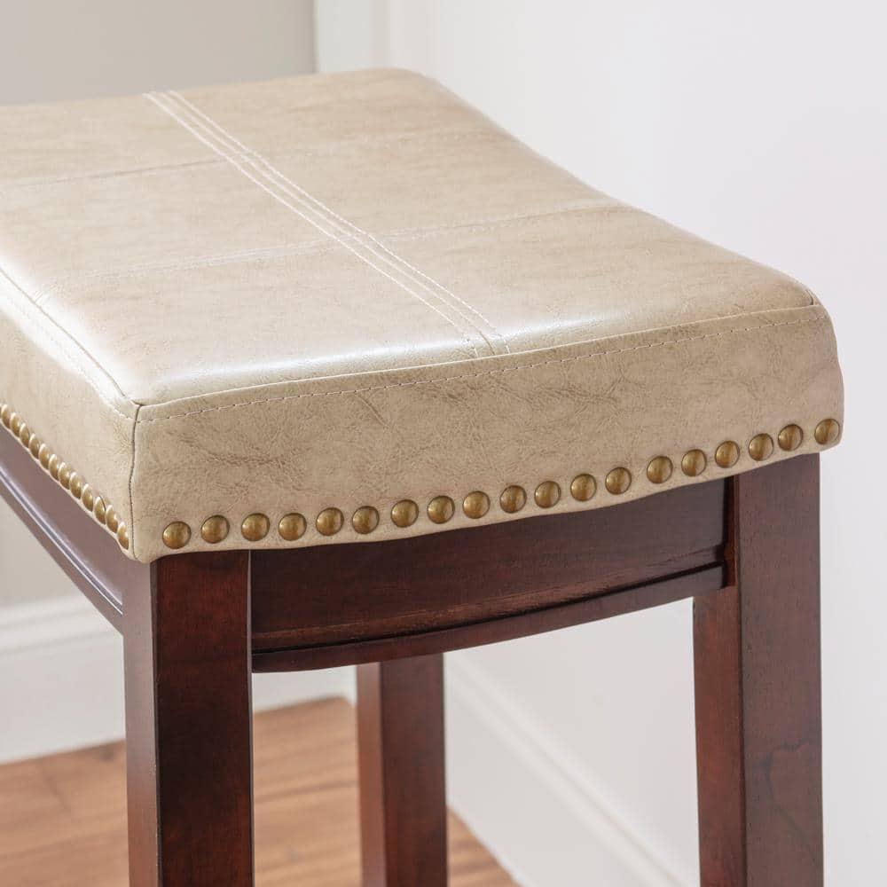 Linon Claridge Backless Faux Leather Nailhead Saddle Barstool Beige : Upholstered, Rubberwood Legs, Fixed Height