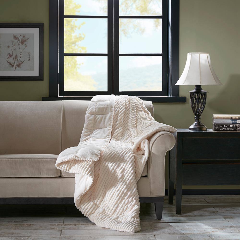 60"x70" Oversized Williams Plush Down Alternative Throw Blanket Ivory - Madison Park