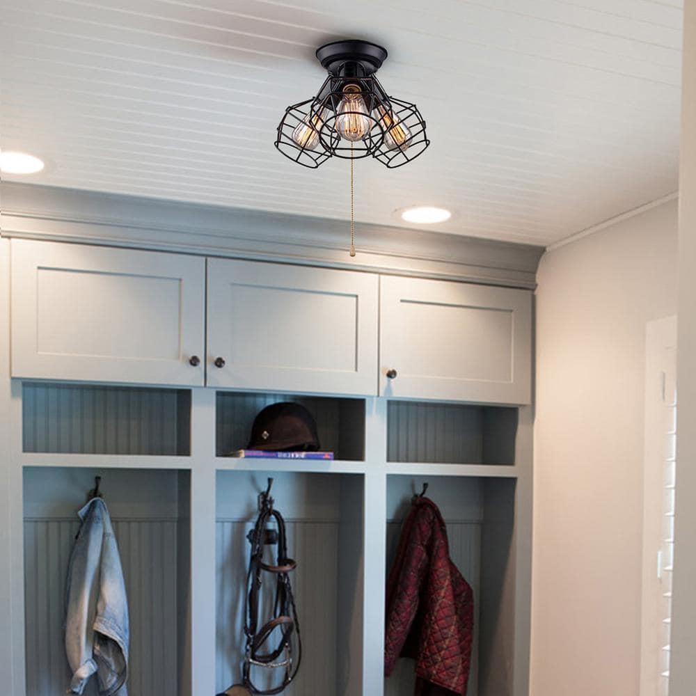 Industrial Flush Mount Ceiling Light, 15" Black 3-Light Fixture with Cage Shade & Pull Chain
