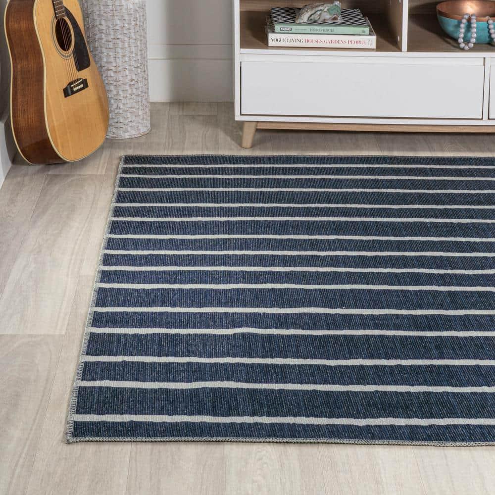 5' x 8' Rand Distressed Ticking Stripe Machine-Washable Area Rug, Navy/Ivory - JONATHAN Y
