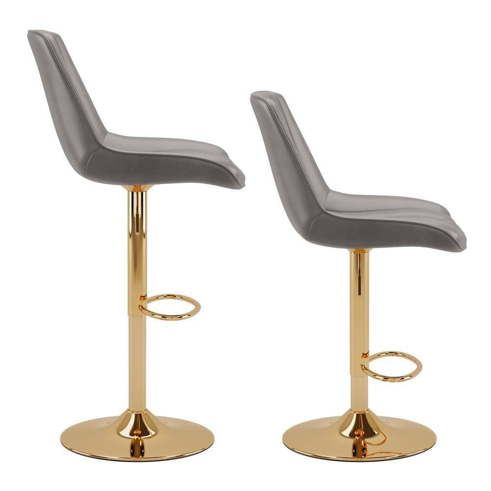 Set of 2 Arwen Adjustable Swivel Barstools with Gold Base Gray - CorLiving: Upholstered High Back, Metal Footrest