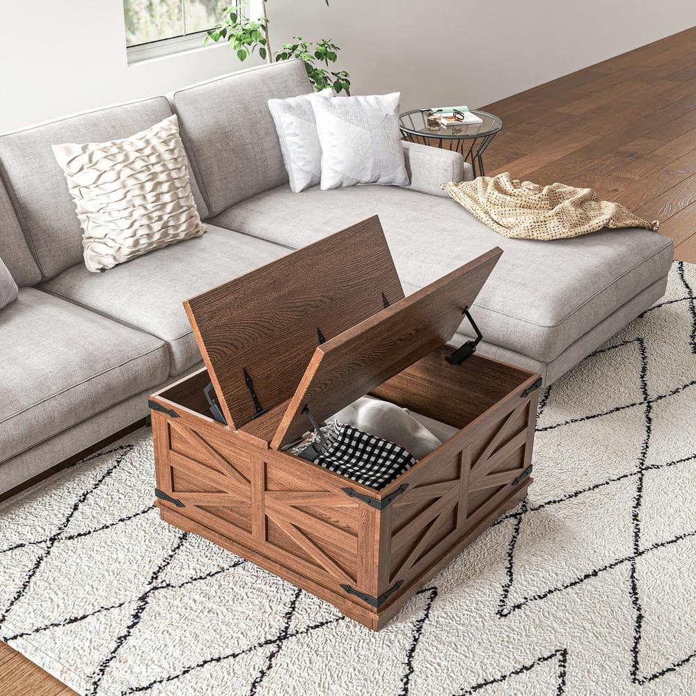 HOMCOM Farmhouse Coffee Table with Flip Top, Hidden Storage Compartment, Square Center Table for Living Room, Distressed Brown
