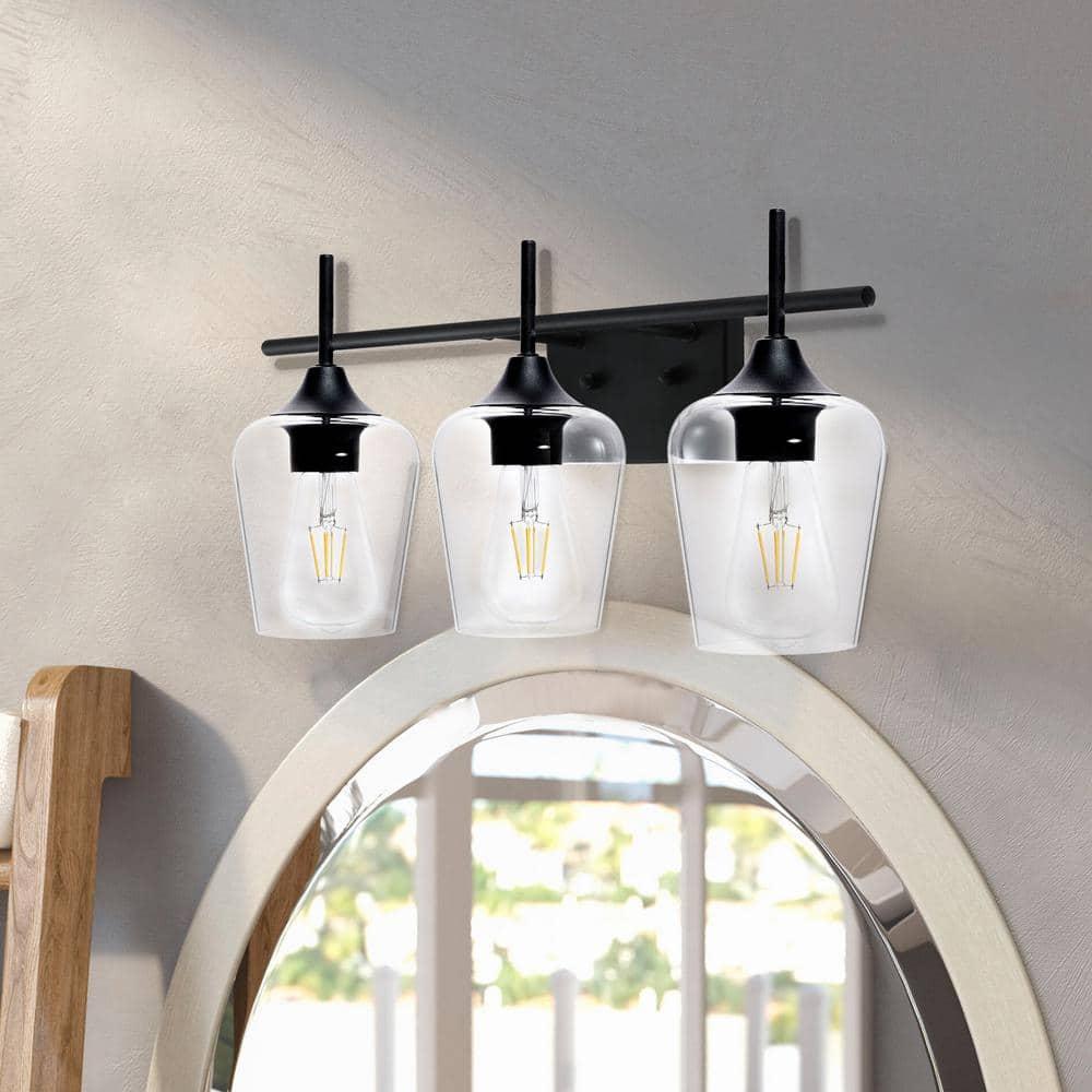 CO-Z Matte Black Vanity Light Sconce w Clear Glass Shade 3-light