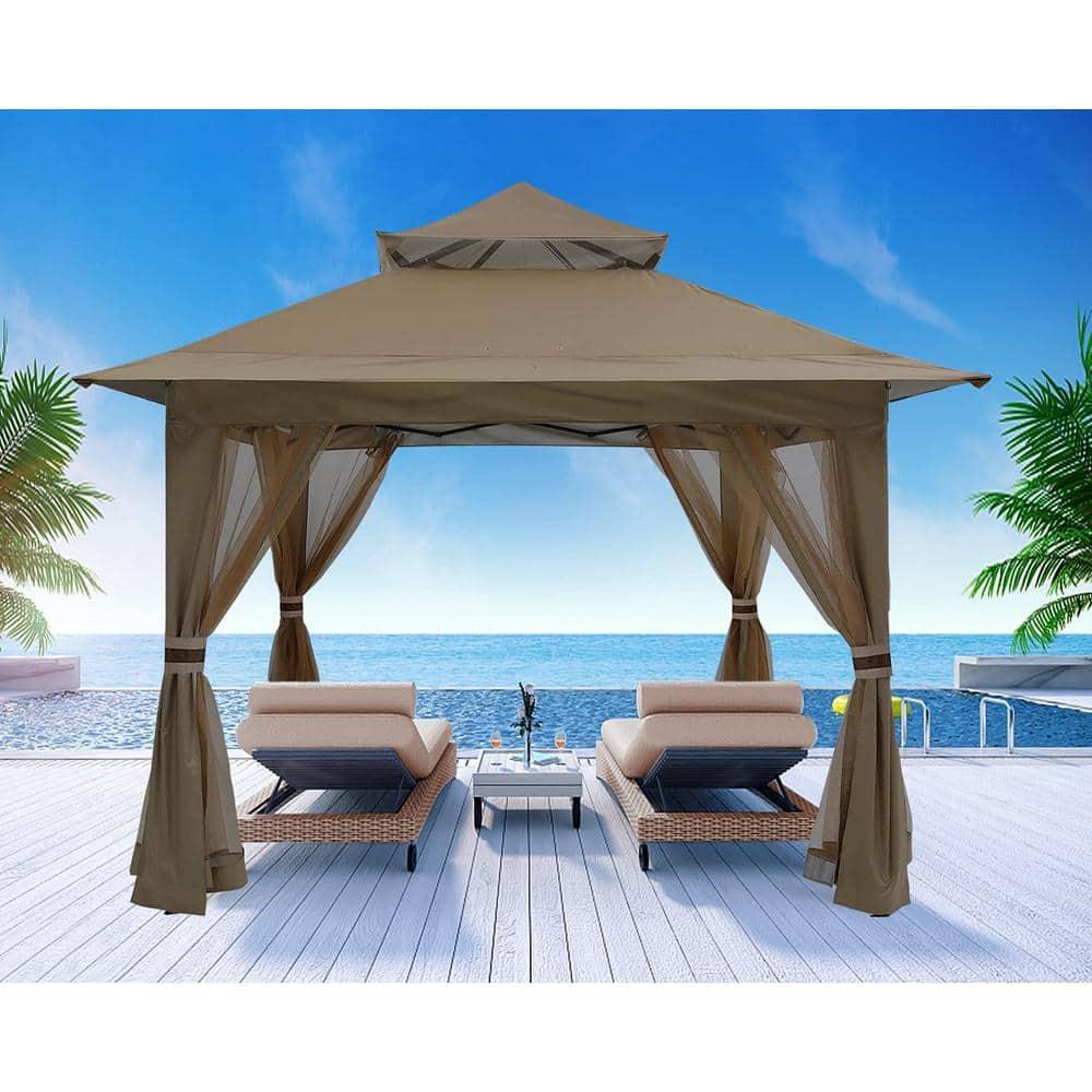 ABCCANOPY 13'x13' Gazebo Tent Outdoor Pop up Gazebo Canopy Shelter with Mosquito Netting, Brown