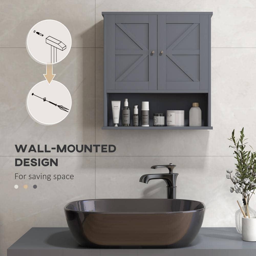 kleankin Bathroom Wall Cabinet, Farmhouse Medicine Cabinet with Open Shelf & Adjustable Shelf, Storage Cupboard for Laundry Room, Gray