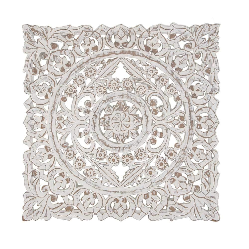 DecMode Traditional Wood Square White Handmade Wall Décor with Carved Mandala Design, 36"W x 36"H
