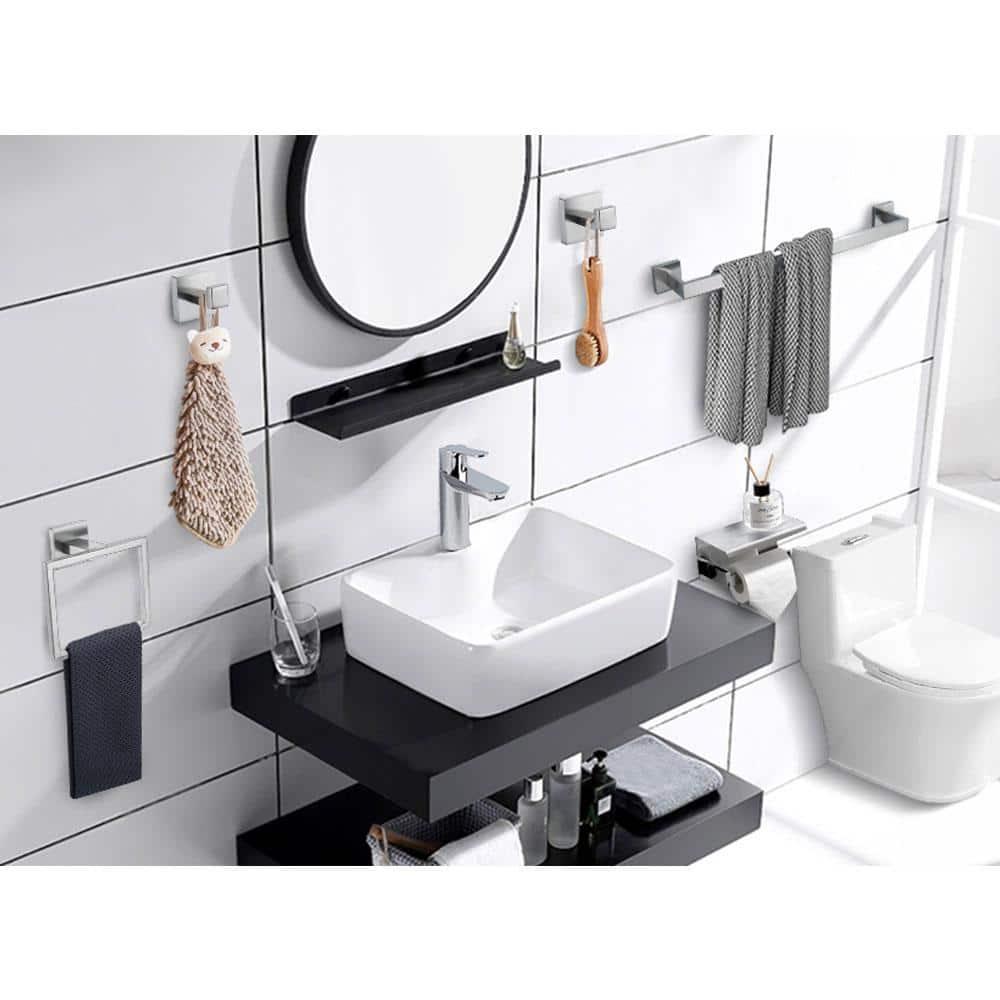 Brushed Nickel Bathroom Towel Bar Set Bathroom Accessories Hardware Set Including Double Towel Bar Towel Ring Coat Hook and Toilet Paper Holder with Shelf. Wall Mounted Stainless Steel