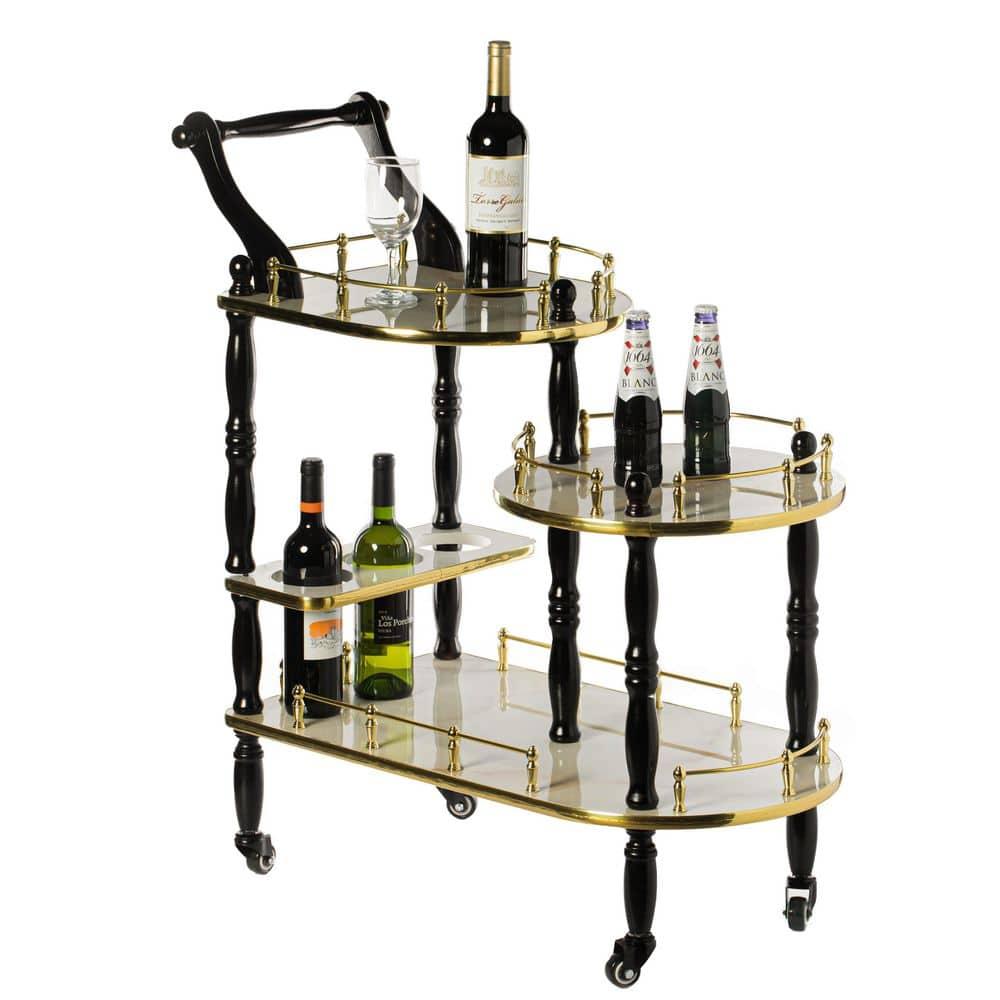 Wood Serving Bar Cart Tea Trolley with 3 Tier Shelves and Rolling Wheels