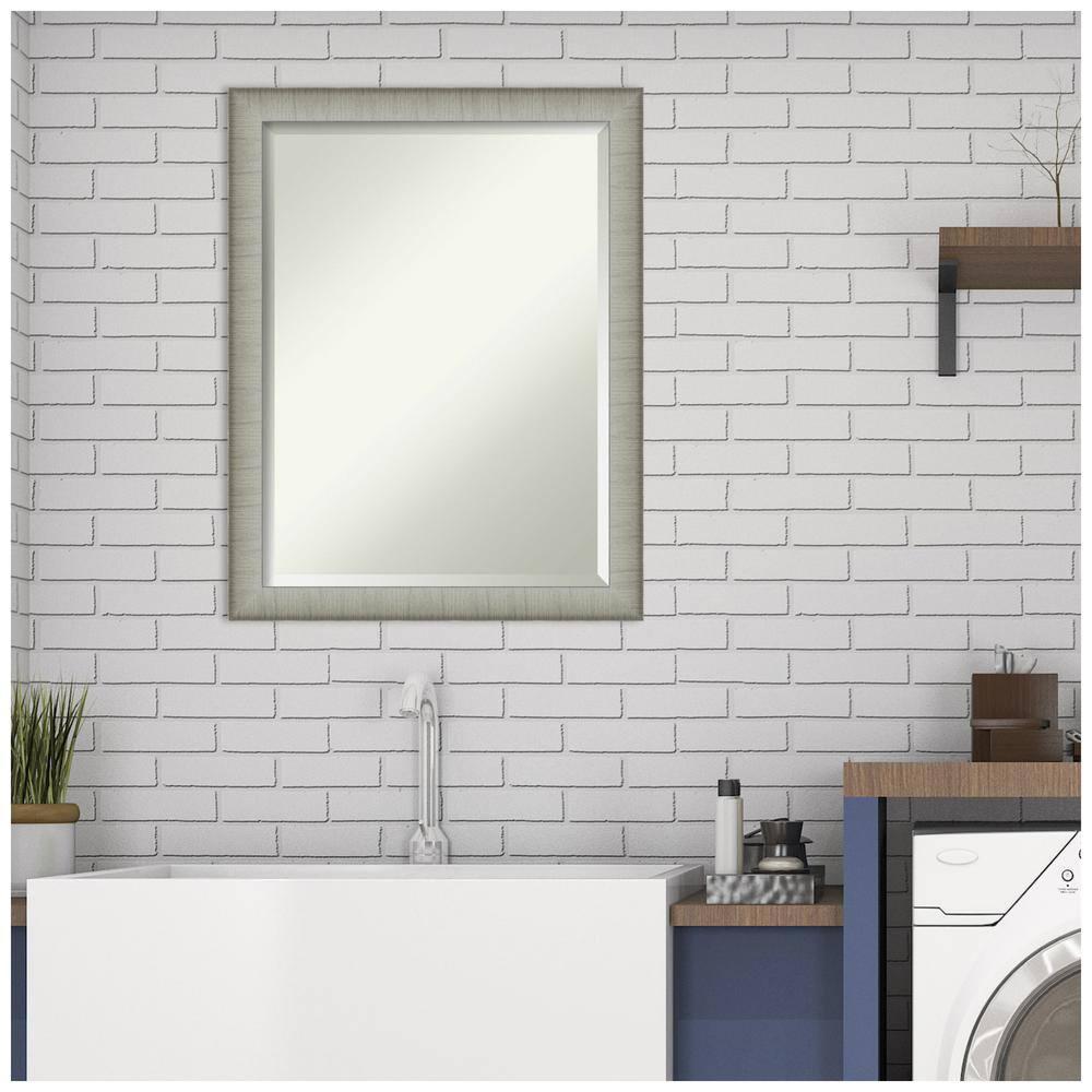 Amanti Art Beveled Bathroom Wall Mirror - Elegant Frame Elegant Brushed Pewter Narrow Outer Size: 21 x 27 in Silver