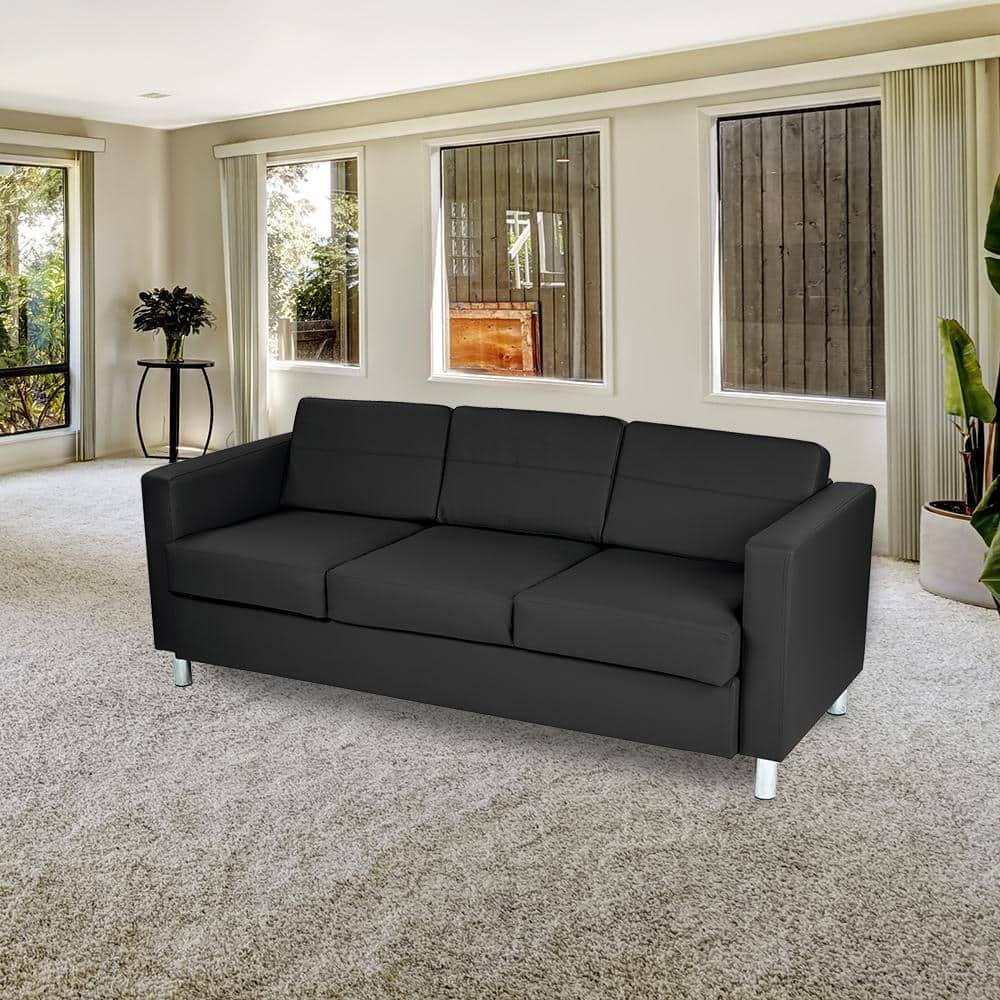 Modern Pacific Black Faux Leather Sofa with Silver Finish Legs