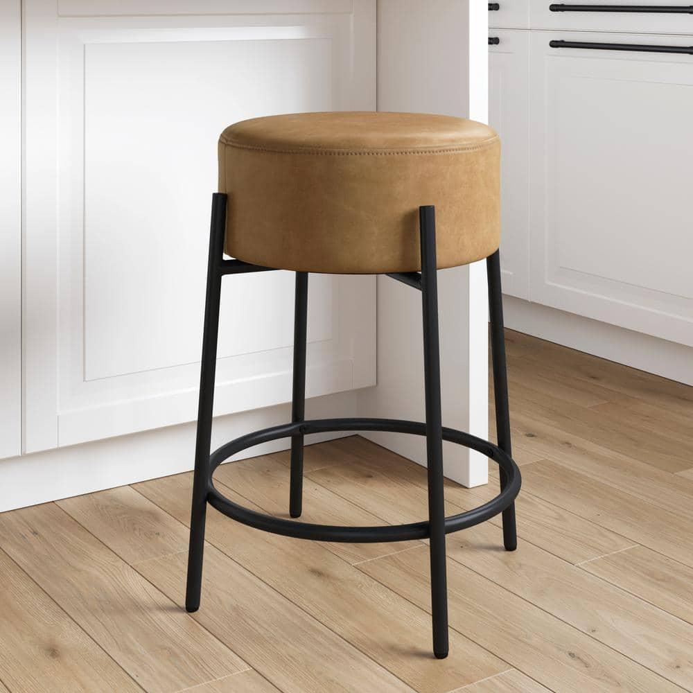 24" Isaac Upholstered Barstool with Footrest in Light Brown/Matte Black - Nathan James