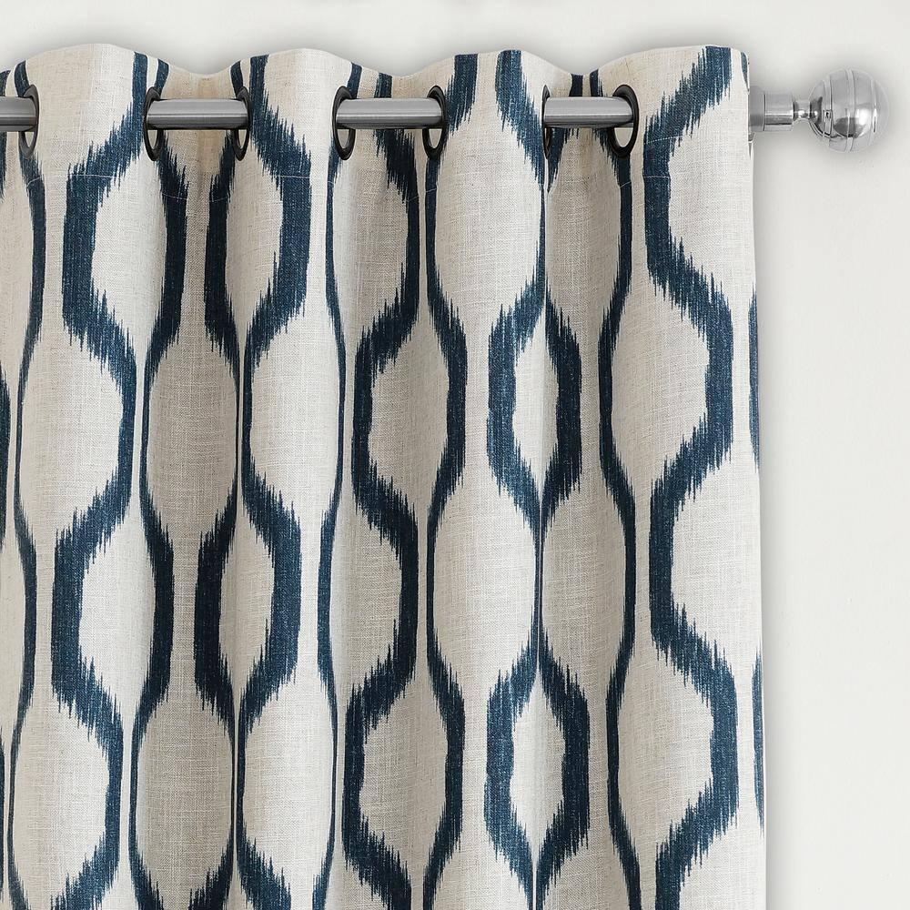 Renzo Ikat Geometric Linen Room Darkening Single Window Curtain Panel - 52" x 84" - Indigo - Elrene Home Fashions