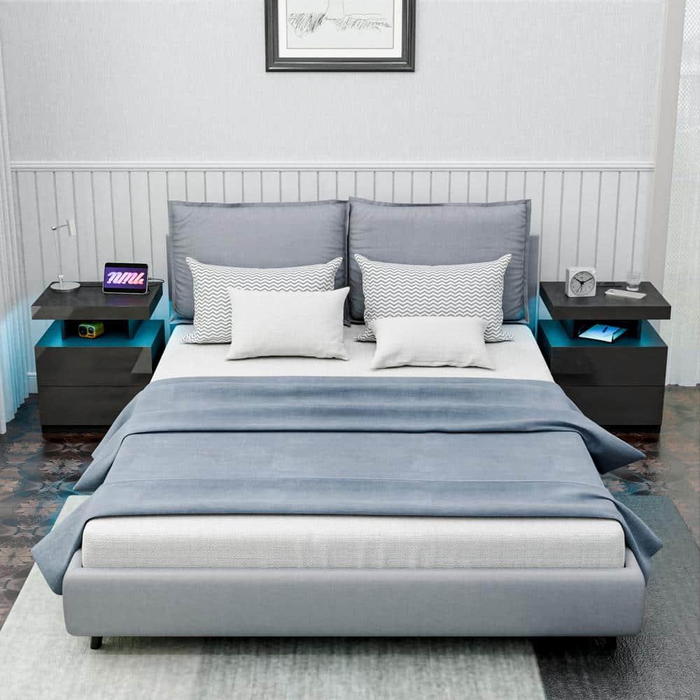 Black Nightstand with Wireless Charging Station and LED Lights, Bedside Table with 2 Drawers, Open Storage, 1 Pull-Out Tray, End Side Table with Storage