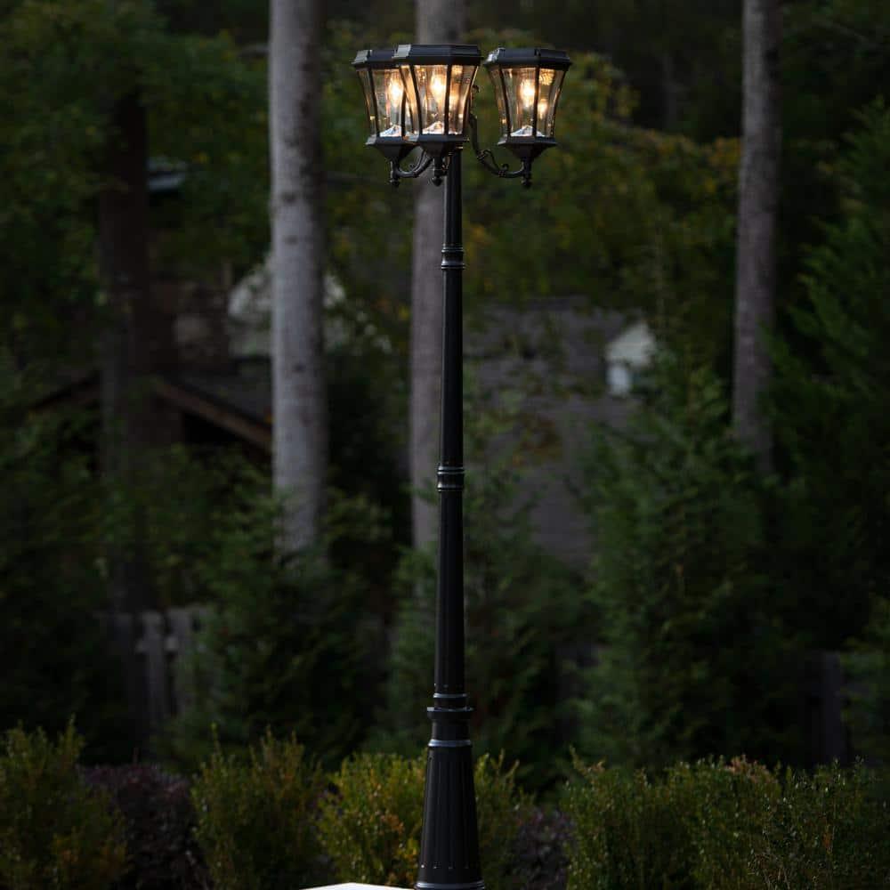 Victorian Bulb Series 3-Head Black Integrated LED Solar Outdoor Post Light