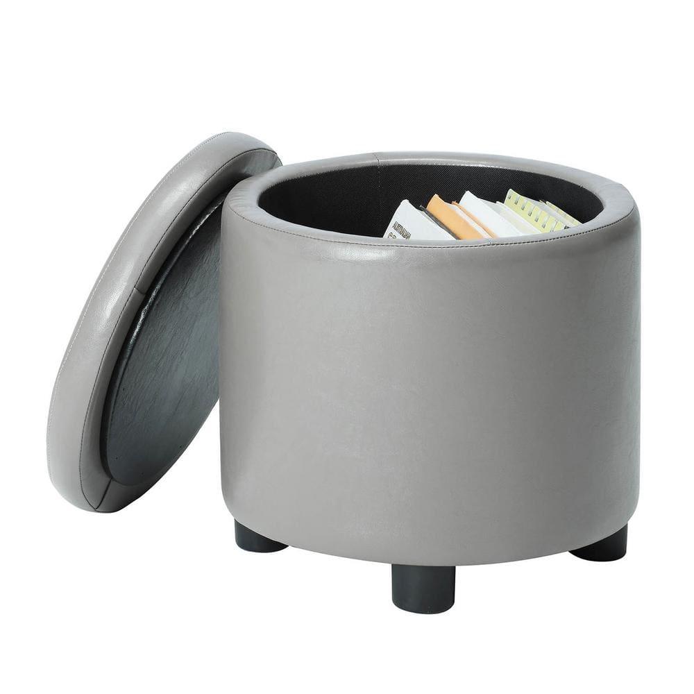 Designs4Comfort Round Accent Storage Ottoman with Reversible Tray Lid, Taupe Gray Faux Leather