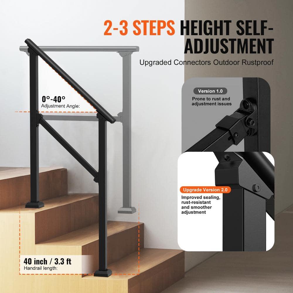 VEVOR Handrails for Outdoor Steps, 2 PCS 2-3 Step Stair Hand Rail Kit, Transitional Carbon Steel Railings with Installation Kit, Stair Rails for Seniors, Concrete & Porch & Deck, Black Square Tube