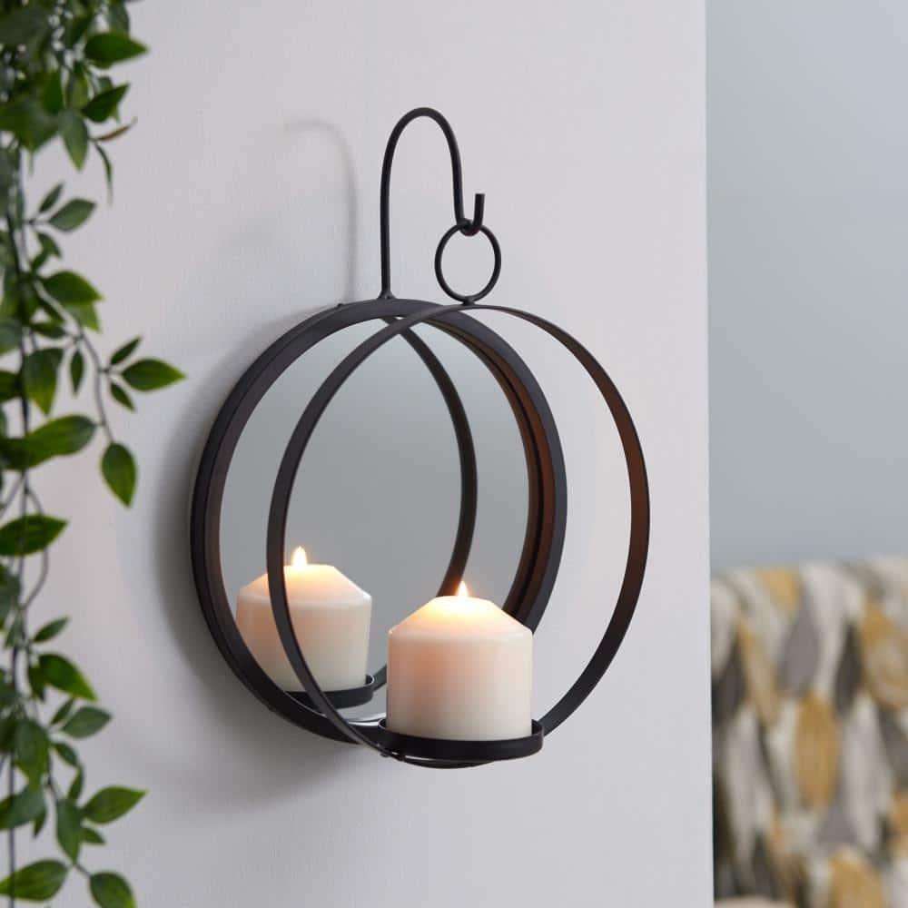 Danya B Round Wrought Iron Pillar Candle Wall Sconce with Mirror
