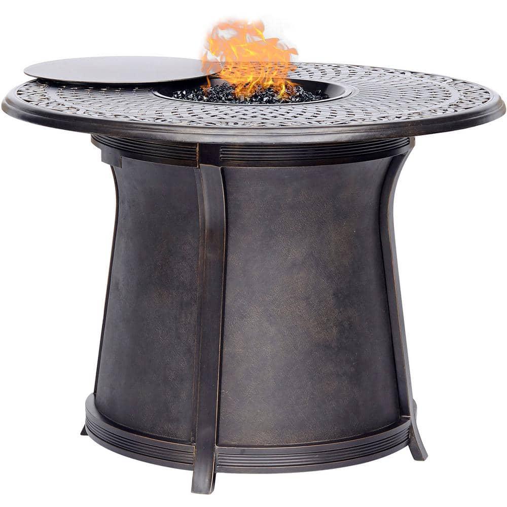 Hanover Traditions 5-Piece High-Dining Set in Tan with 4 Swivel Chairs and a 40,000 BTU Cast-top Fire Pit Table