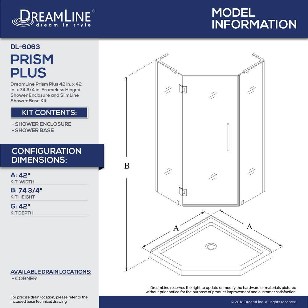 DreamLine Prism Plus 42" x 74.75" Rectangle Hinged Shower Enclosure with Base Included