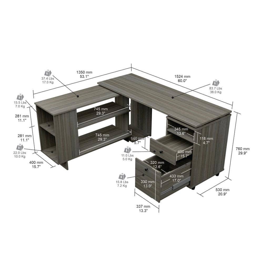 Inval L-Shaped Reversible Computer Desk, Smoke Oak