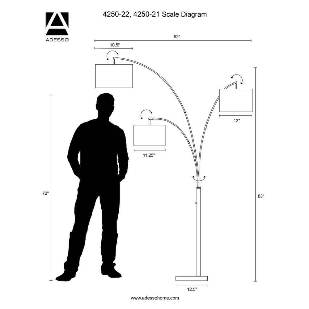 3-Arm Bowery Arc Lamp Brushed Steel - Adesso: Adjustable, Overhead Lighting with Marble Base