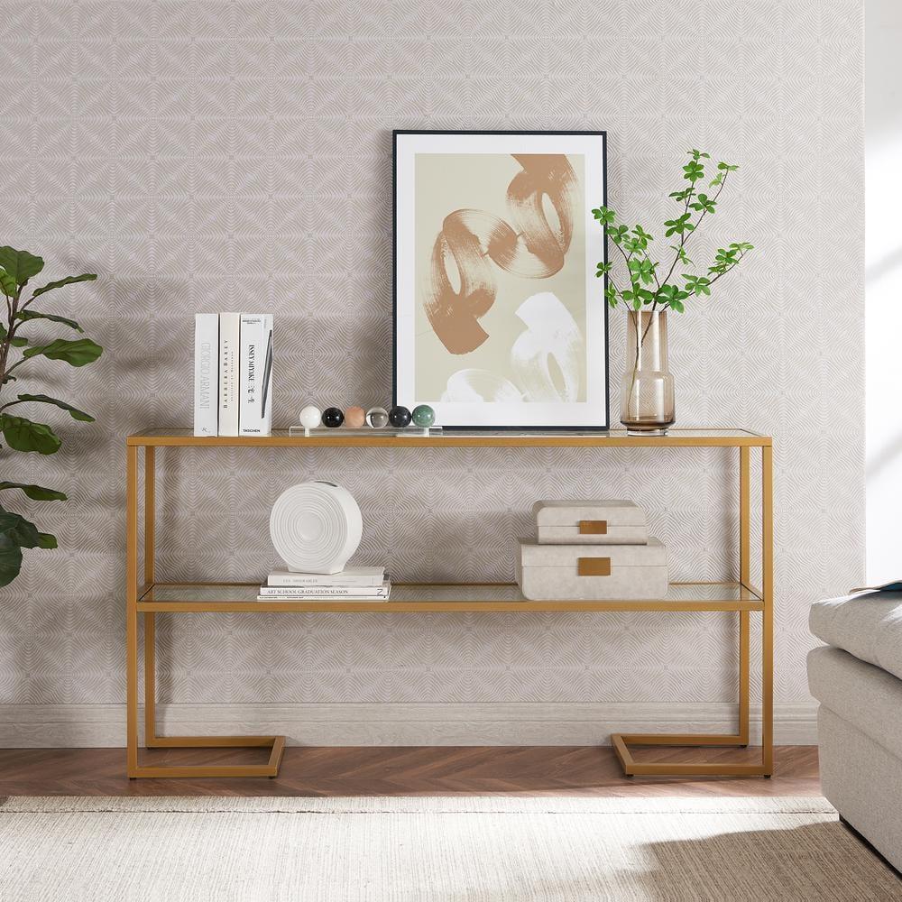 Evelyn&Zoe Errol 55" Wide Rectangular Console Table with Glass Top in Gold