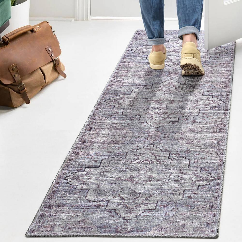 2' x 8' Didim Boho Gray Medallion Machine Washable Indoor/Outdoor Runner Rug, Gray/Purple - JONATHAN Y