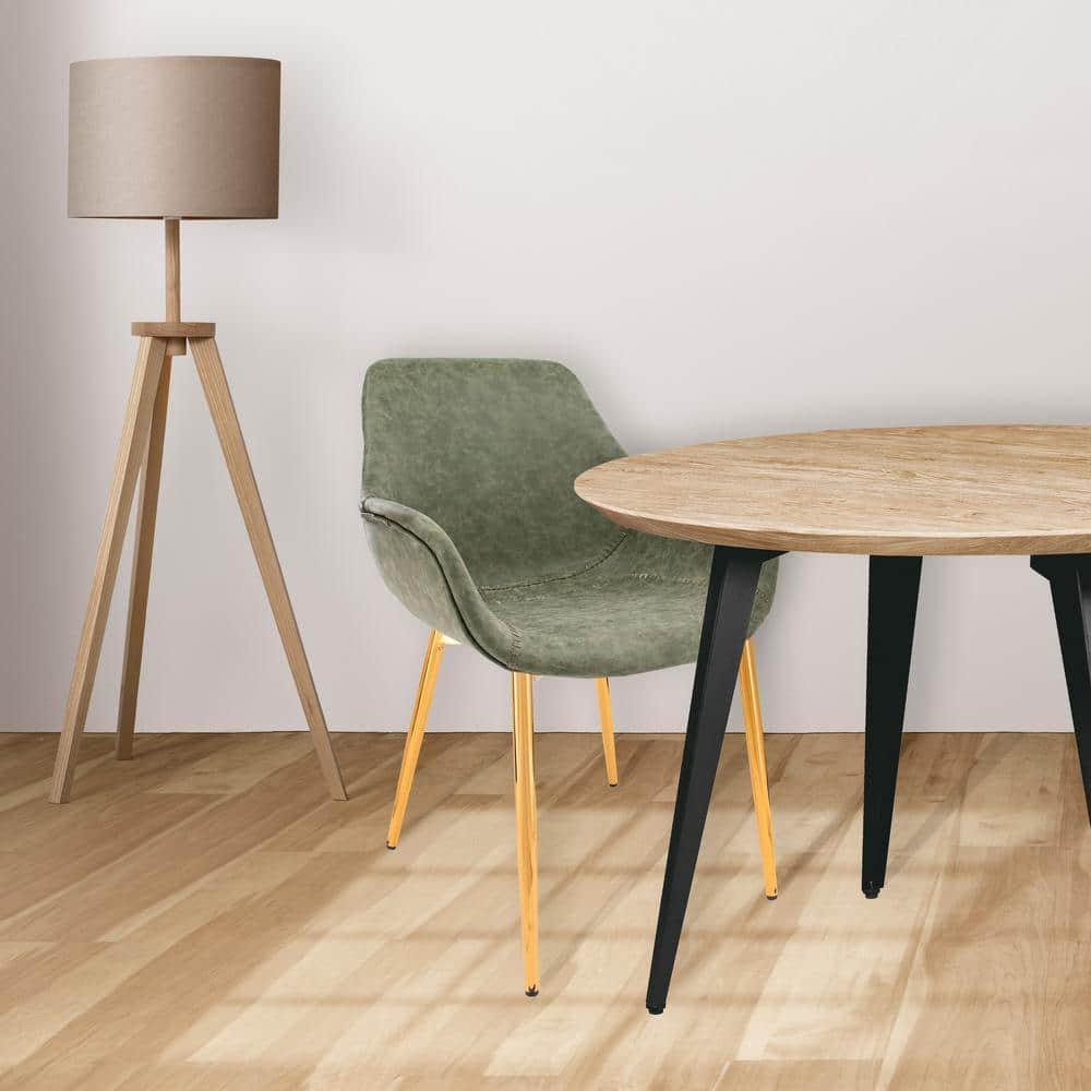 LeisureMod Markley Faux Leather Dining Chair with Arms and Gold Metal Legs, Olive Green