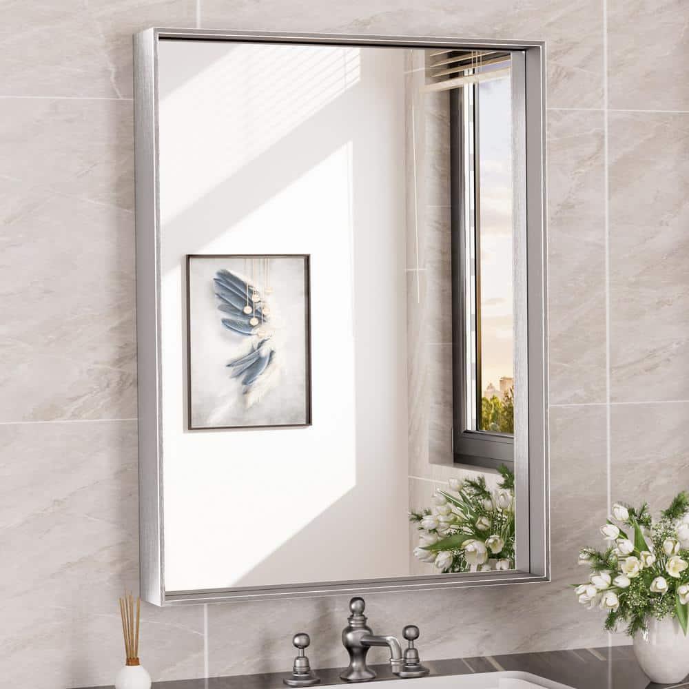 Keonjinn 24 x 32 in Brushed Nickel Bathroom Mirror for Wall, Silver Rectangular Metal Framed Vanity Mirror for Bathroom Sink Square Corner Aluminum Alloy Modern Rectangle Mirror(Horizontal/Vertical)