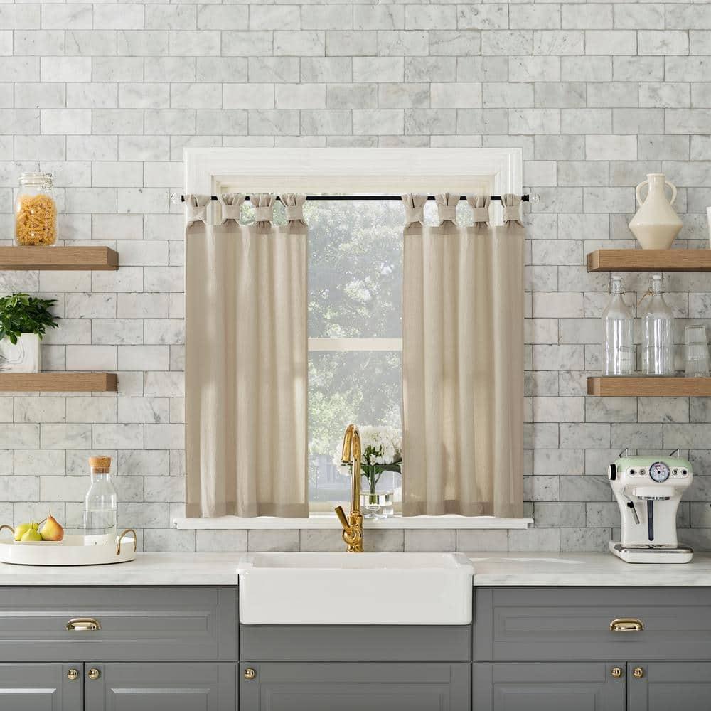 2pc 52"x45" Archaeo Washed Cotton Twist Tab Cafe Curtain Tier Pair Oatmeal: Kitchen Curtains, 45 Inch Long, Solid Beige