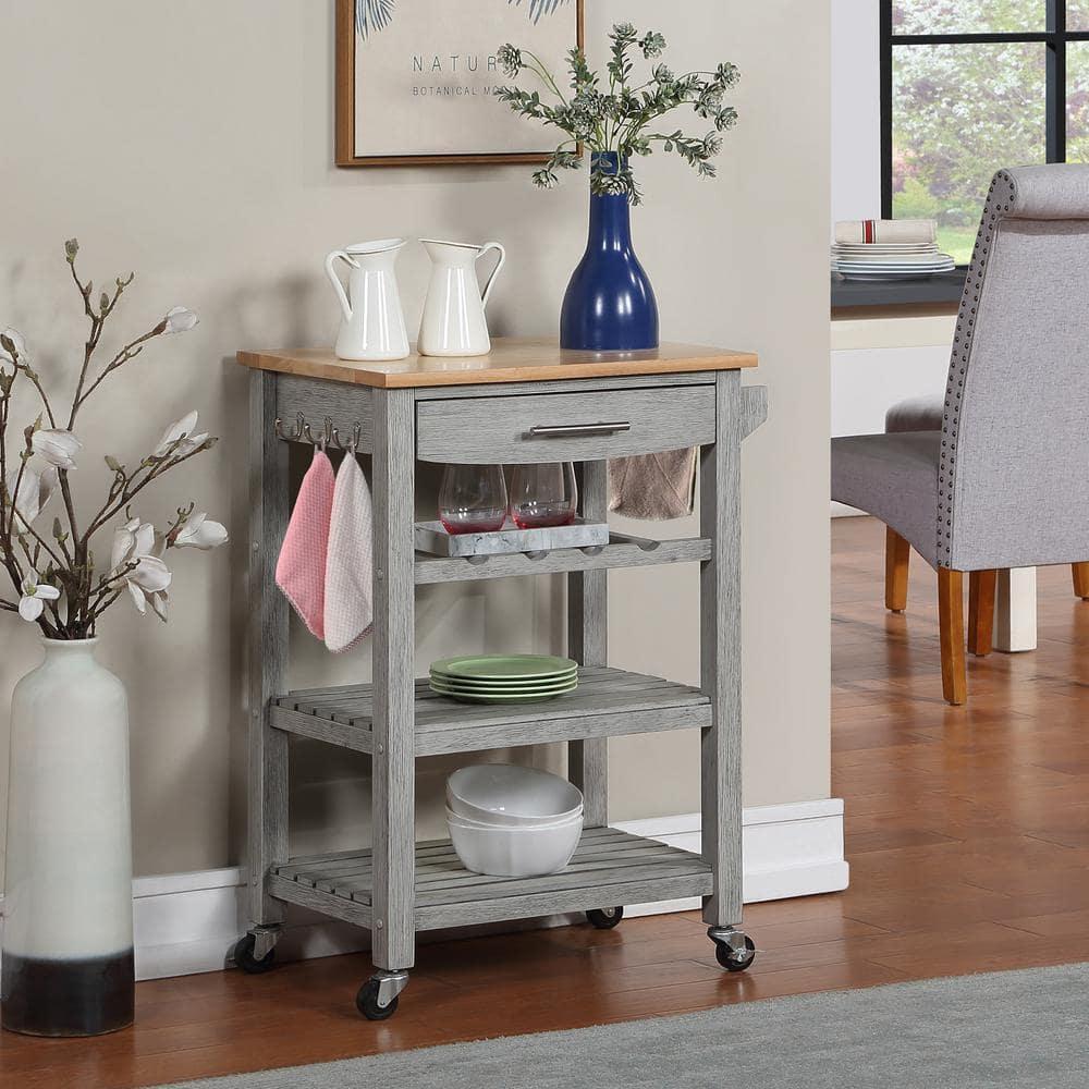 Ellaine Light Gray Solid Wood Butcher Block Kitchen Cart with Wine Rack