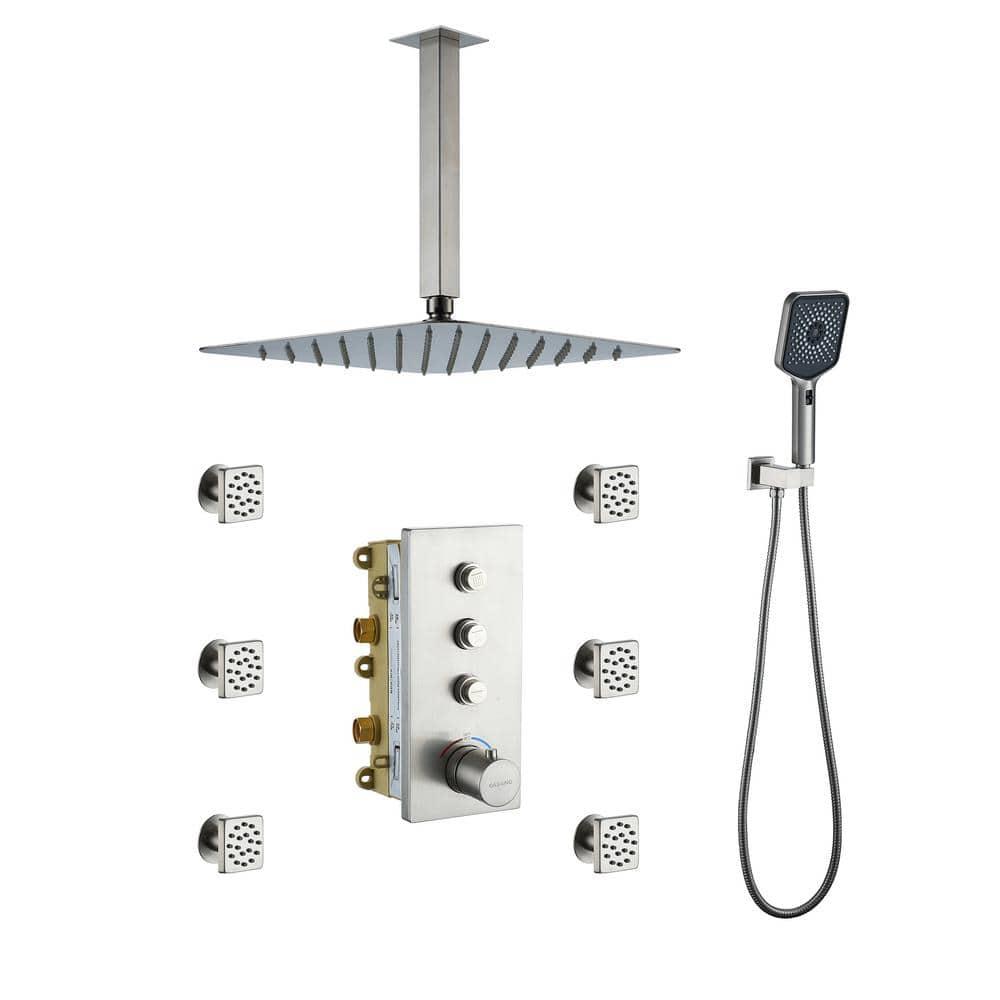 CASAINC 12'' Ceiling Mounted Square Shower System with Handheld Sprayer & 6 Body Jets, Brushed Nickel