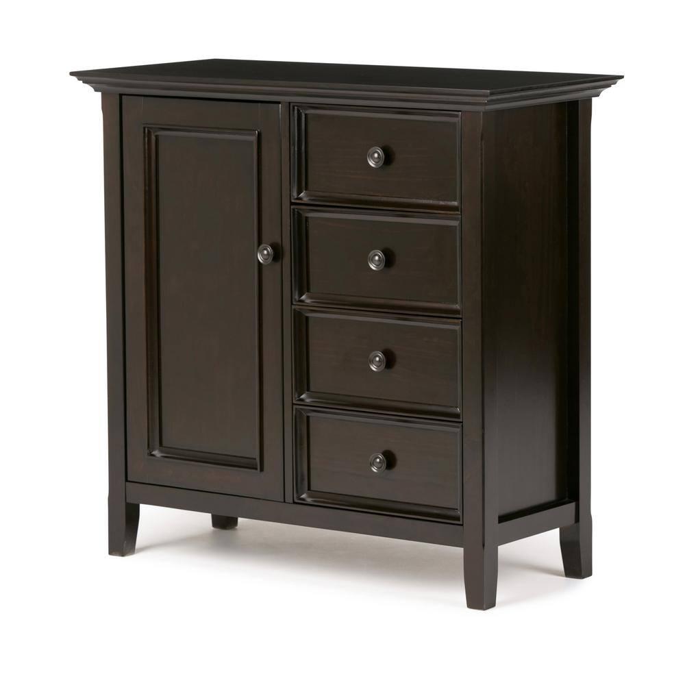 Simpli Home Amherst 32"W Solid Wood 2-Shelf Low Storage Cabinet with Adjustable Shelves and Tapered Legs