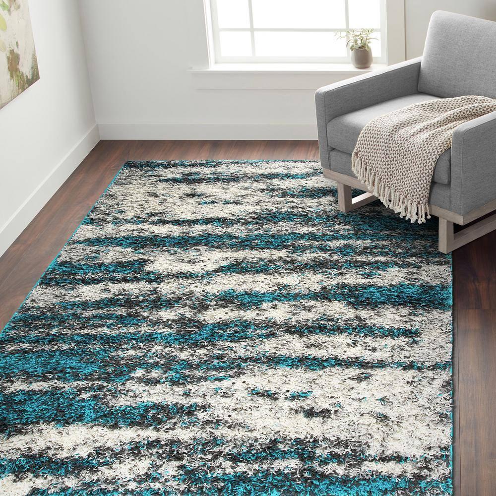 World Rug Gallery Modern Abstract Design Plush Shag Area Rug - Turquoise 5' x 7'