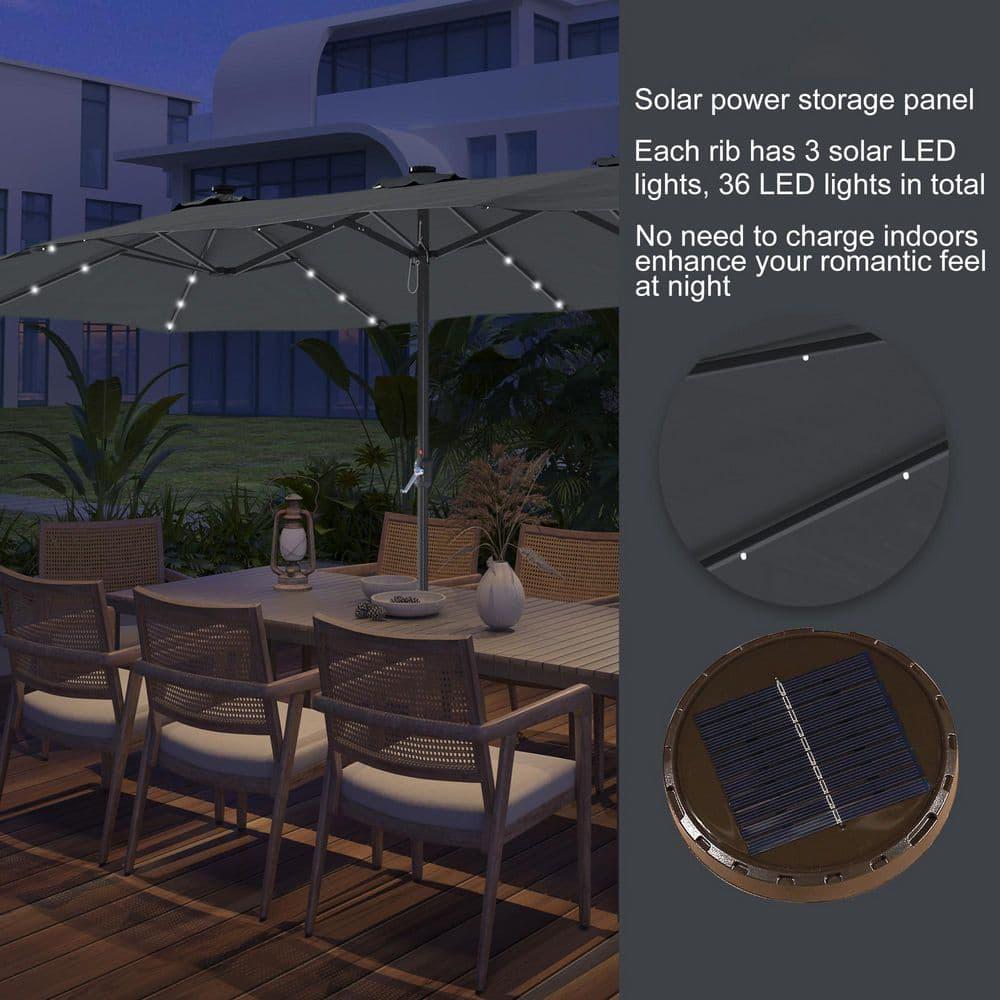 15 ft. Steel Patio Double-Side Market Umbrella with Base and Solar Light with Base in Dark Gray