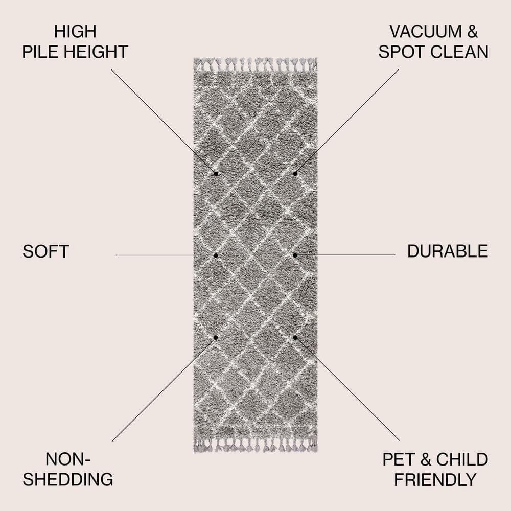 2'x8' Mercer Shag Plush Tassel Moroccan Geometric Trellis Area Rug, Grey/Cream - JONATHAN Y