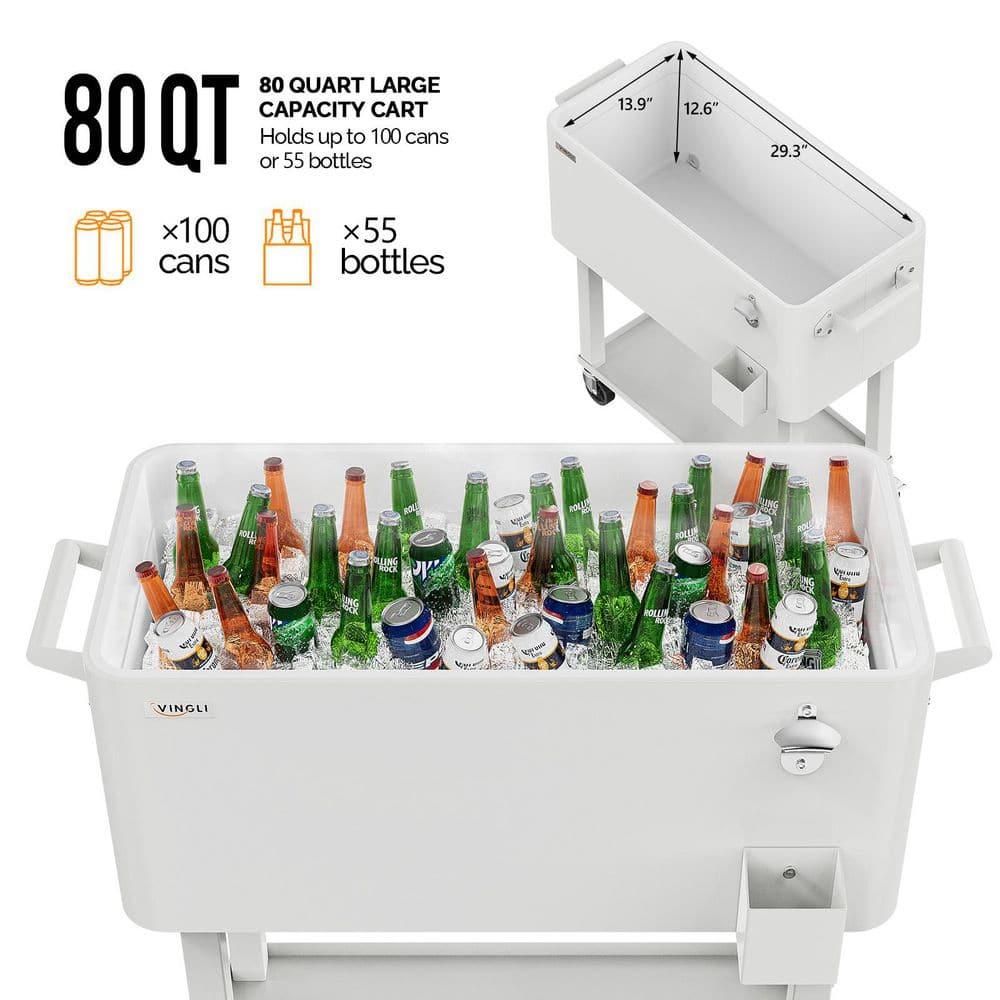White Iron Rolling Cooler Cart with Shelf and Bottle Opener