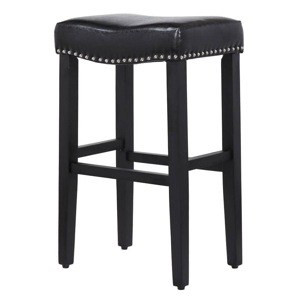 Westin Outdoor Yazan 29" Upholstered Counter Stool with Nail Head Trim (Set of 2), Black/Leather