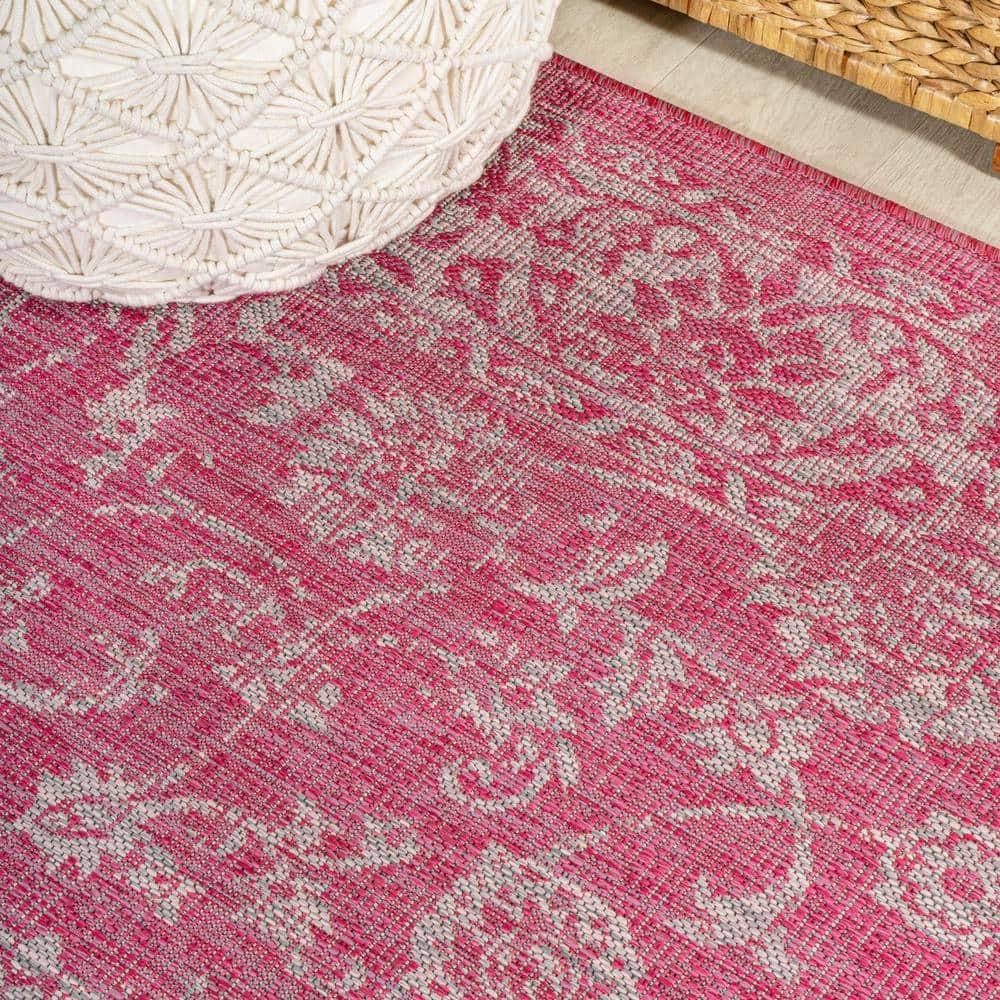 9' x 12' Tela Bohemian Textured Weave Floral Indoor/Outdoor Area Rug, Fuchsia/Light Gray - JONATHAN Y