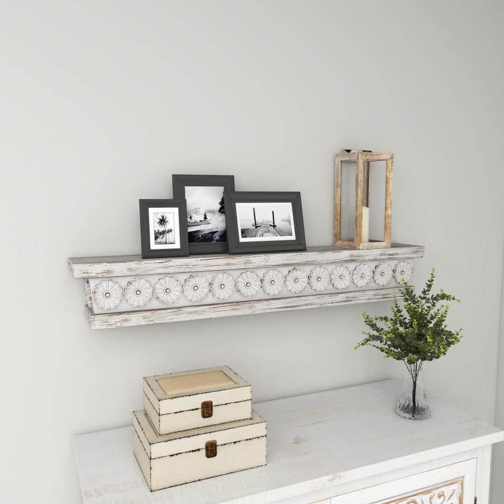 DecMode 36" x 5" Intricate Carved 1-Tier White Floral Wall Shelf
