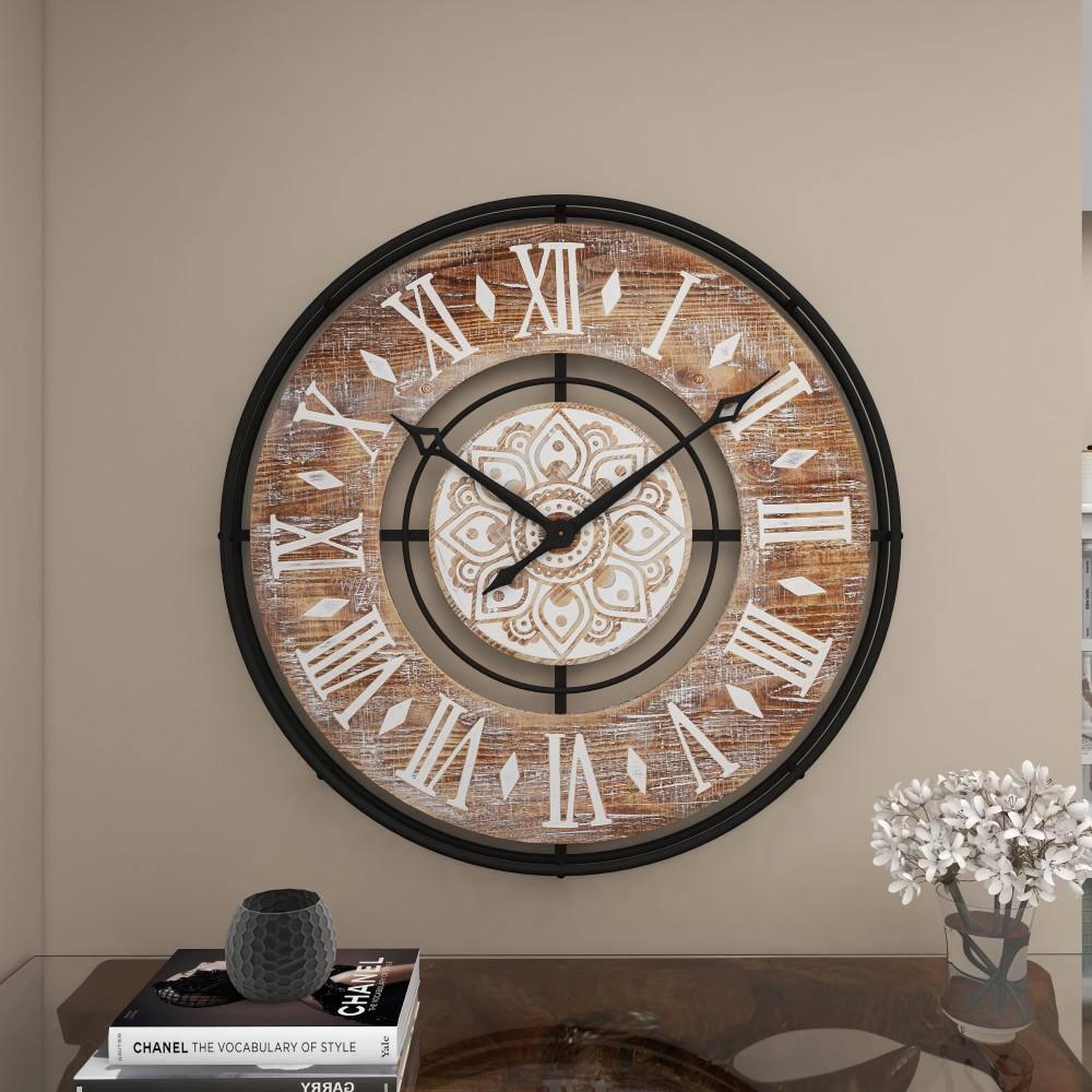 DecMode 34" Brown Metal Floral Wall Clock with Wood Accents