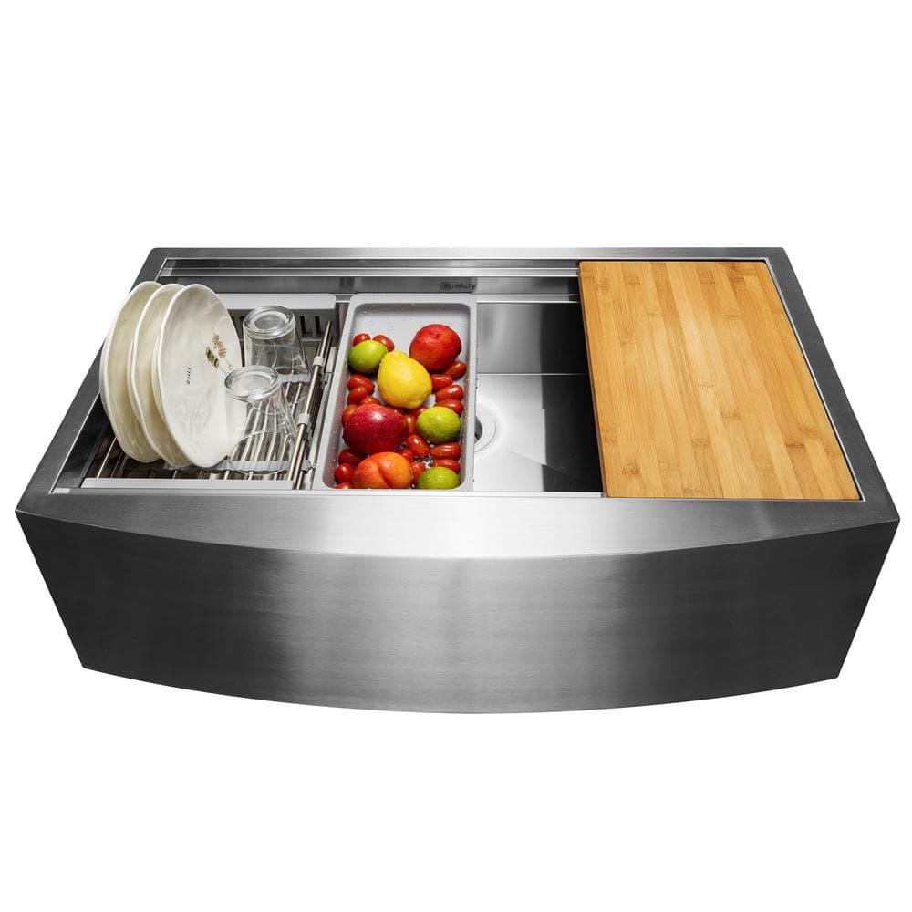Farmhouse Apron Front 33-in x 22-in Brushed Stainless Steel Single Bowl Workstation Kitchen Sink
