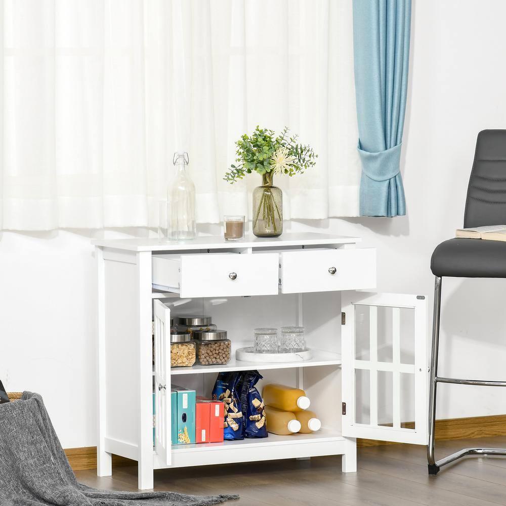 HOMCOM Sideboard Buffet Cabinet, Storage Cupboard with Glass Doors, Adjustable Shelf and 2 Drawers for Kitchen, White