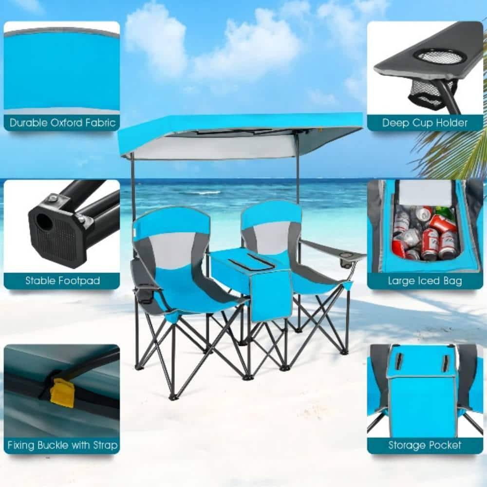 Spaco Portable Camping Chair with Umbrella and Back, Outdoor Folding Beach Canopy Chair with Cup Holder, Blue