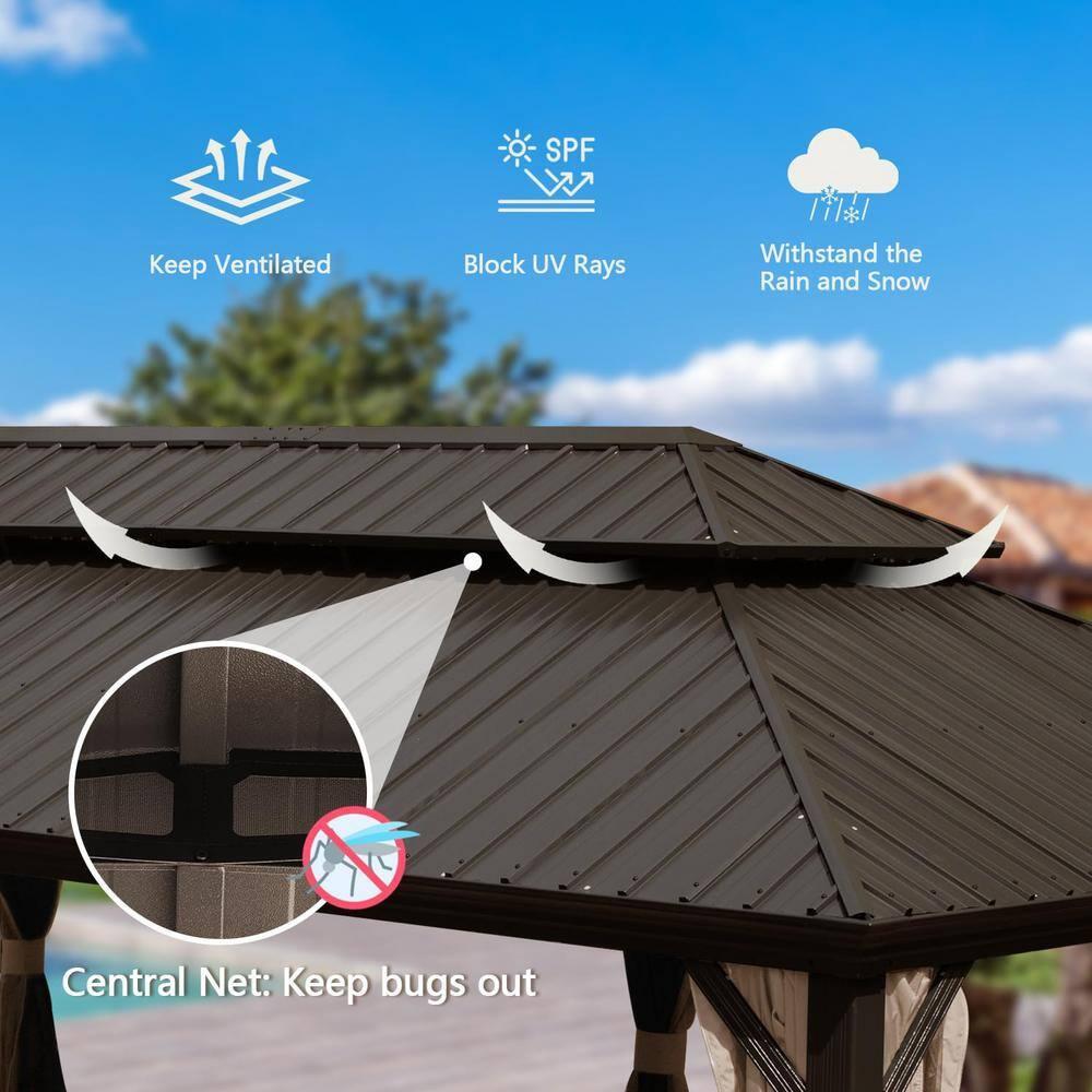24 ft x 14 ft Brown Metal Hardtop Patio Gazebo