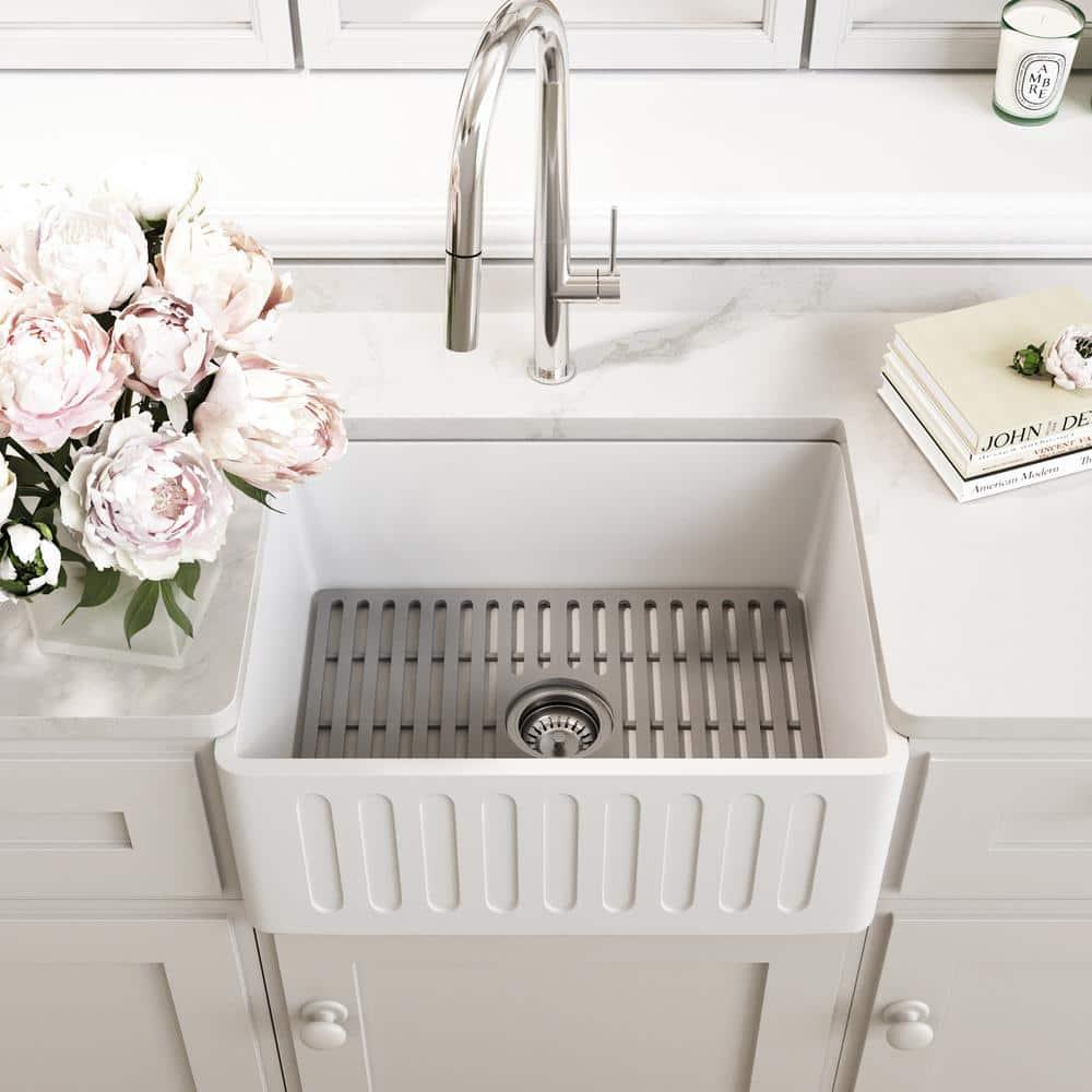 Matte Stone 24" L x 18" W Single Bowl Farmhouse Kitchen Sink with Basket Strainer and Silicone Grid